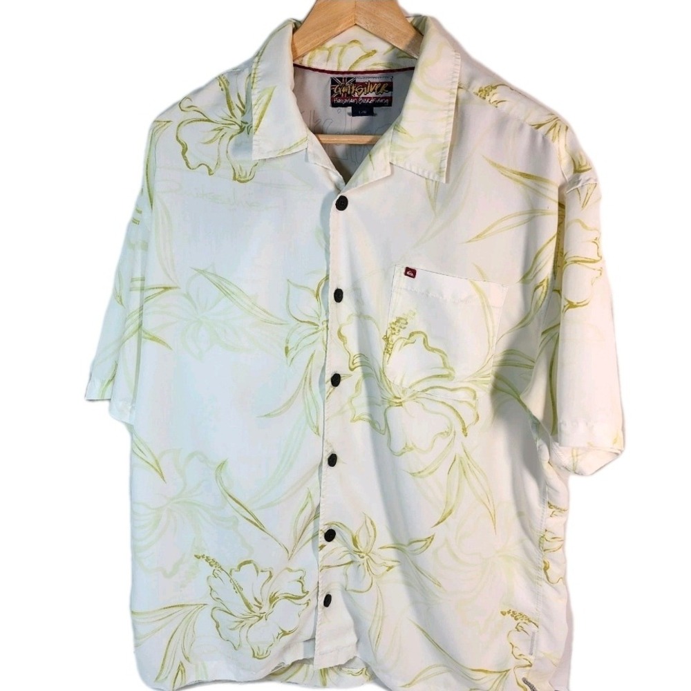Quiksilver Hawaiian Boardriding Mens Large L Short Sleeve Button Up Shirt Aloha